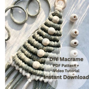 May include: A handmade macrame project in shades of green and white, featuring a triangular design with wooden beads. The text "DIY Macrame PDF Pattern + Video Tutorial Instant Download" is visible. The macrame is suspended by a wooden ring.