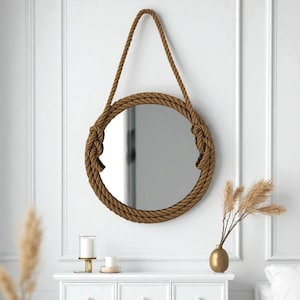 Nautical Wall Mirror | Rustic Round Rope Mirror | Farmhouse Wall Decor | Rope Hanging Mirror | Coastal Bathroom Mirror| Vintage Mirror| Gift