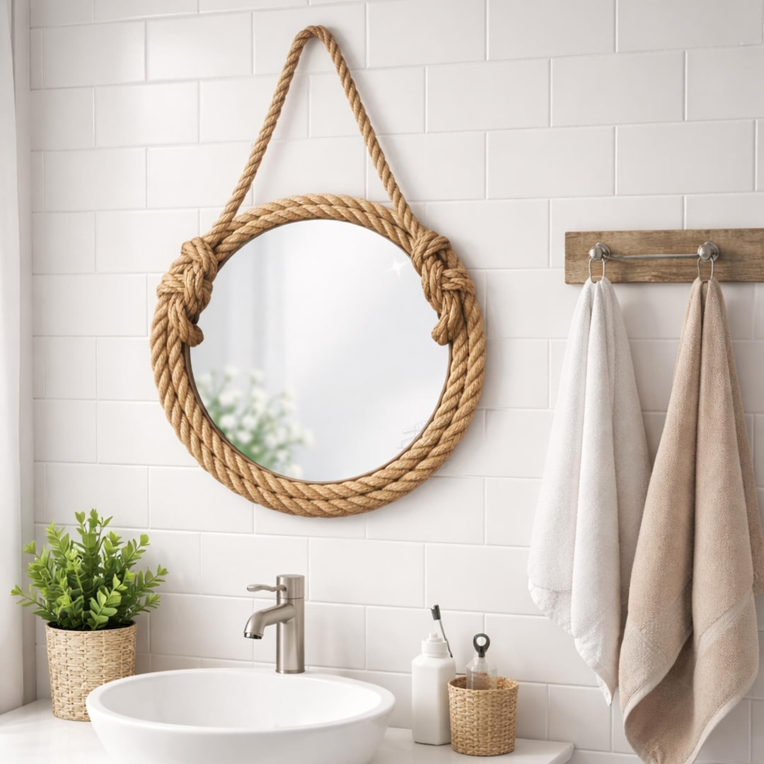 Round Rope Mirror, Nautical Coastal Farmhouse Bathroom Entryway Wall ...