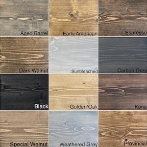 Pode incluir: Uma grade de amostras de verniz para madeira em v&aacute;rias cores. As amostras incluem Aged Barrel, Early American, Espresso, Dark Walnut, Sunbleached, Carbon Grey, Black, Golden Oak, Kona, Special Walnut, Weathered Grey e Provincial.
