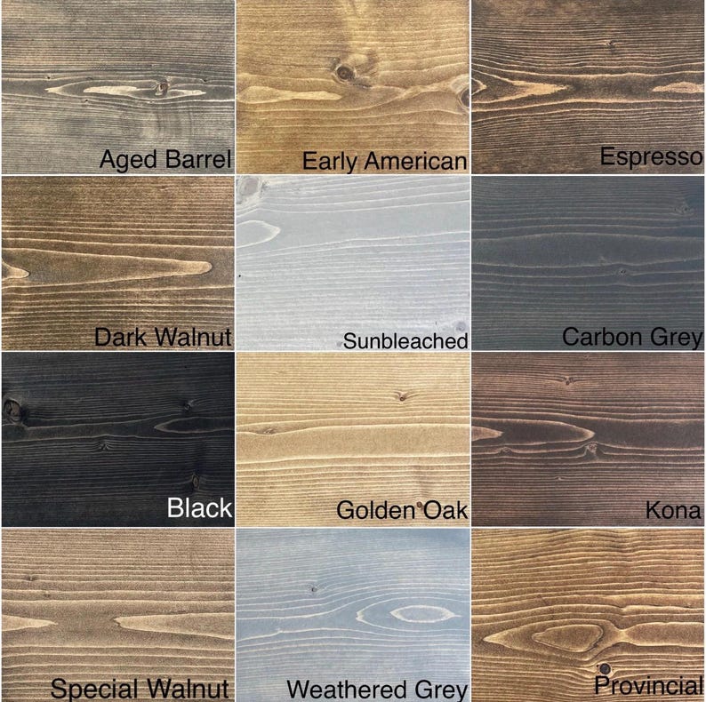 Pode incluir: Uma grade de amostras de verniz para madeira em v&aacute;rias cores. As amostras incluem Aged Barrel, Early American, Espresso, Dark Walnut, Sunbleached, Carbon Grey, Black, Golden Oak, Kona, Special Walnut, Weathered Grey e Provincial.