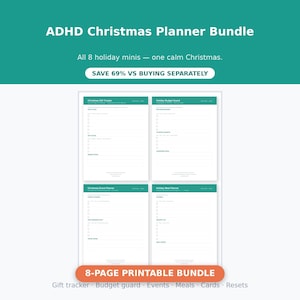 Puede incluir: Un paquete de planificador navideño para TDAH con 8 mini plantillas. El documento digital incluye un rastreador de regalos, un gestor de presupuesto, un planificador de eventos y un planificador de comidas con casillas y líneas de texto.