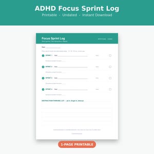 Può includere: Una pagina stampabile ADHD Focus Sprint Log bianca con intestazioni color ottanio. Include sezioni per la data, la selezione della durata dello sprint, quattro obiettivi di sprint numerati con caselle di controllo e un'area per le note.