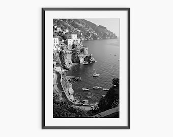 Costiera Amalfitana, Stampe fotografiche, Arte murale costiera, Italia, Stampa paesaggistica, Estate, Arte murale in bianco e nero, Arte murale di qualità museale