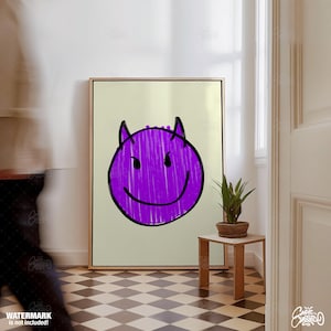 Smile Poster, Devil Wall Art, Trendy Wall Art, Cute Poster, Smiley, Devil Emoji, Fine Art Prints, Aesthetic Room Decor, Minimalist Wall Art