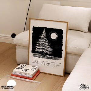 Árbol de Navidad, Linograbado, Arte mural navideño, Pino, Impresiones navideñas, Arte mural invernal, Arte mural en blanco y negro, Póster de calidad de museo