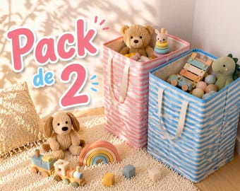 Foldable children's storage basket, striped pink or blue – Baby toy & clothes organizer – Children's laundry bin – Children's bedroom decoration.