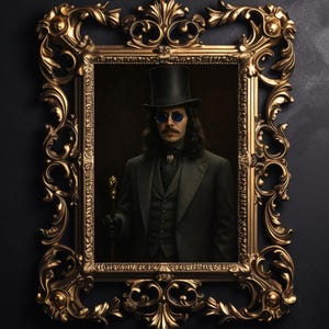 May include: A portrait of a person wearing a black top hat, dark suit, and blue-tinted round glasses, holding a gold-topped cane. The portrait is encased in an ornate, rectangular gold frame with intricate scrollwork and floral carvings.