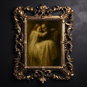 May include: A framed painting with a gold ornate frame. The painting depicts two figures embracing, one with long red hair and the other with dark hair. The painting has a vintage aesthetic and is set against a dark background.