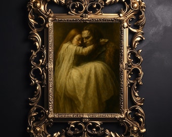 Gotische kunstdruk Frankenstein en Elizabeth – illustratie donkere romantische horror, klassieke literatuur muurkunst, afdrukbare digitale download