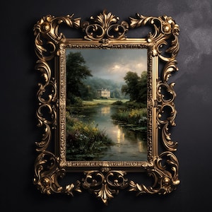 May include: A rectangular wall art piece featuring a landscape painting of a stone building situated near a calm river, surrounded by trees and wildflowers. The artwork is encased in an ornate, metallic gold frame with intricate scrollwork.