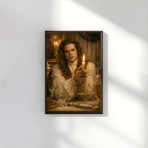 May include: A framed portrait of a person holding a lit candle. The person is wearing a white ruffled shirt and has long brown hair. The background shows a dining scene with candles and glassware.