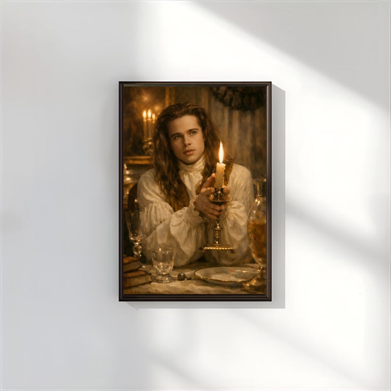 May include: A framed portrait of a person holding a lit candle. The person is wearing a white ruffled shirt and has long brown hair. The background shows a dining scene with candles and glassware.