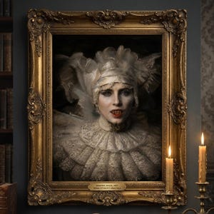May include: A portrait in an ornate gold frame depicting a pale figure with sharp fangs, wearing a white lace ruff collar and headpiece. A small plaque at the bottom reads VAMPIRE RRIOC 1897 BRAM STOKER'S ORACULA in clear black lettering.