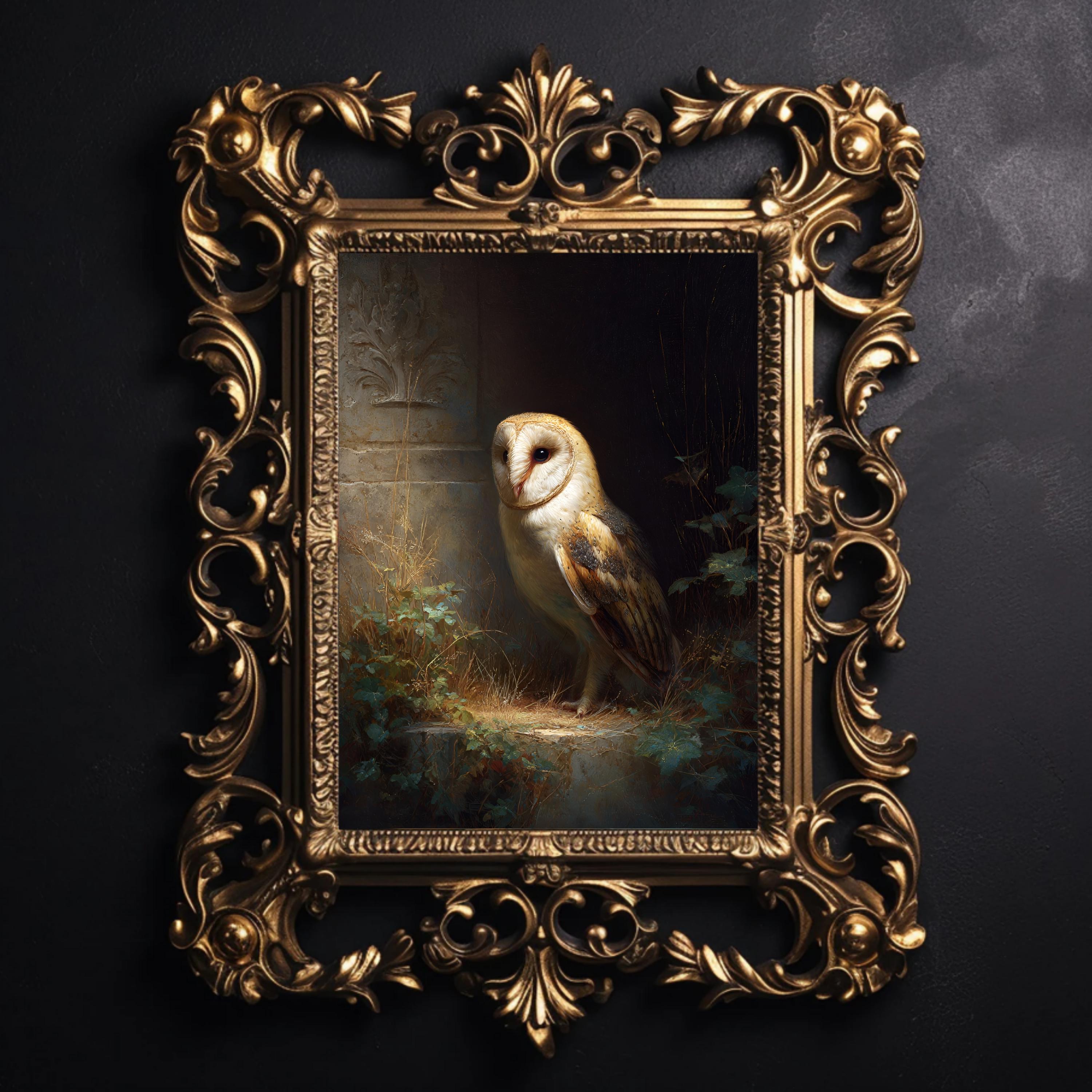 Vintage Owl Painting, Dark Academia Baroque Forest Artwork (Digital Download)