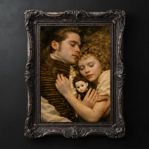 May include: A framed portrait of a couple embracing, with a doll held between them. The painting features a man and woman with their eyes closed, in a dark, ornate frame. The man wears a striped jacket, and the woman has curly hair.