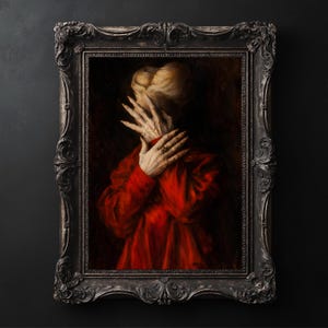 May include: A framed oil painting depicting a figure in a vibrant red long-sleeved garment with their hands covering their face. The figure has light hair styled upwards and wears a ring on one finger. The frame is ornate, dark, and textured.