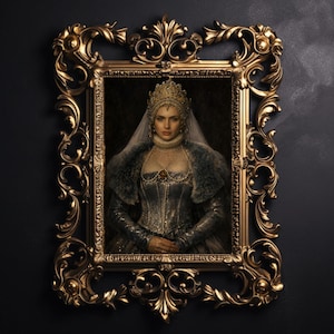 May include: A portrait of a woman in a gold ornate frame. The woman wears a gold crown, a pearl necklace, and a gray fur-trimmed gown. The frame is a detailed gold color with intricate carvings, set against a dark background.