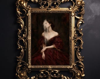 May include: A rectangular portrait painting in an ornate, gilded gold frame with intricate scrollwork. The artwork depicts a figure in a deep red gown with a white, liquid-like substance obscuring the face, set against a dark, moody background.