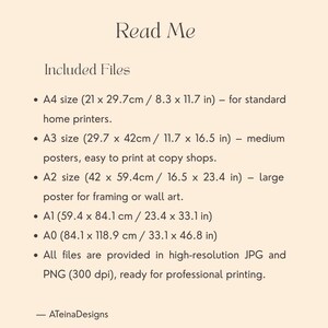 May include: A digital art print titled "Read Me" with a cream background and dark brown text. The included file sizes are A4 (8.3 x 11.7 in), A3 (11.7 x 16.5 in), A2 (16.5 x 23.4 in), A1 (23.4 x 33.1 in), and A0 (33.1 x 46.8 in).