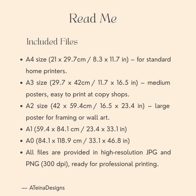 May include: A digital art print titled "Read Me" with a cream background and dark brown text. The included file sizes are A4 (8.3 x 11.7 in), A3 (11.7 x 16.5 in), A2 (16.5 x 23.4 in), A1 (23.4 x 33.1 in), and A0 (33.1 x 46.8 in).