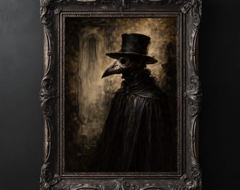 May include: A framed painting depicts a figure in a black plague doctor costume. The artwork features a long black coat, a top hat, and a bird-like mask. The ornate frame is dark, and the background is a muted, sepia-toned scene.