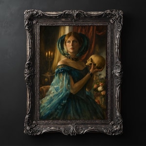 May include: A framed portrait of a woman in a blue dress holding a skull. The painting has a dark, gothic aesthetic, with ornate details and a vintage feel. The frame is dark and elaborately carved.