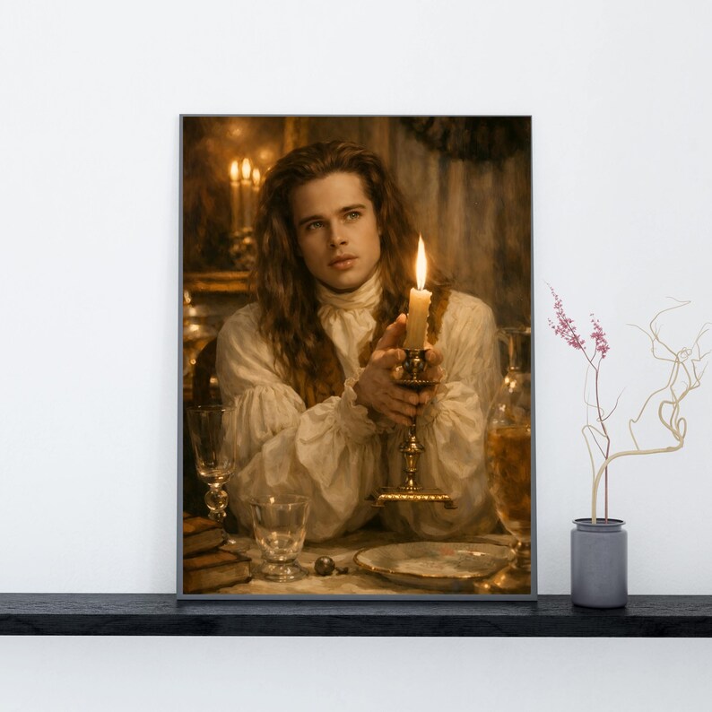 May include: A framed print depicting a person in a white ruffled shirt holding a lit candle in a gold candlestick. The image has a vintage aesthetic, with a table setting including glassware and a plate. The background is dimly lit.