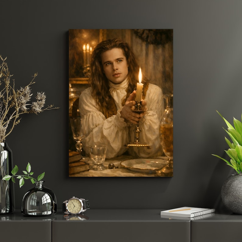 May include: A canvas print of a man in a white ruffled shirt holding a lit candle in a gold candlestick. The artwork has a vintage aesthetic, with soft lighting and a warm color palette. The man is seated at a table with glassware and a plate.