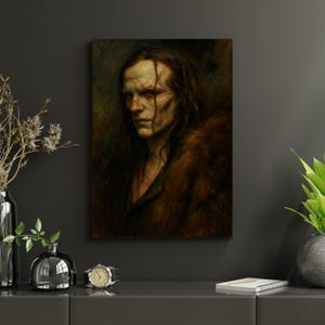 May include: A portrait of a man with long brown hair and a stern expression. He wears a dark coat and a fur-like garment. The artwork has a dark, moody color palette, with a focus on the man's face and the textures of his clothing.