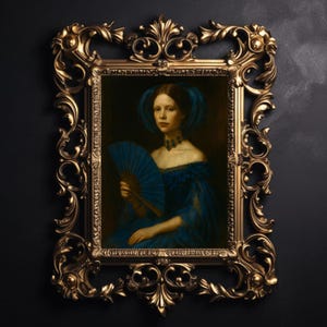 May include: A framed portrait of a woman in a blue dress holding a fan. The ornate gold frame surrounds the painting, which features a woman with brown hair and blue accents. The artwork is set against a dark background.