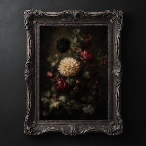 May include: A rectangular wall art piece featuring a dark, moody floral arrangement in a vase. The bouquet includes a prominent cream-colored dahlia, deep red roses, and a black flower, all encased in an ornate, distressed dark charcoal frame.