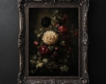 May include: A rectangular wall art piece featuring a dark, moody floral arrangement in a vase. The bouquet includes a prominent cream-colored dahlia, deep red roses, and a black flower, all encased in an ornate, distressed dark charcoal frame.