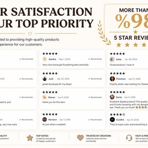 May include: A graphic with the text "YOUR SATISFACTION IS OUR TOP PRIORITY" and "MORE THAN %98 5 STAR REVIEWS". It includes customer reviews with star ratings and comments, and icons for premium quality, top-rated, trusted creators, and fast & friendly support.