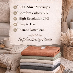 May include: A stack of folded t-shirts in various neutral colors, including rust, green, and gray, sits on a woven mat. The image includes text that says "WHAT YOU GET" and lists features like "80 T-Shirt Mockups" and "High Resolution JPG."