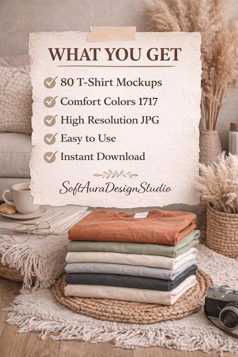 May include: A stack of folded t-shirts in various neutral colors, including rust, green, and gray, sits on a woven mat. The image includes text that says "WHAT YOU GET" and lists features like "80 T-Shirt Mockups" and "High Resolution JPG."