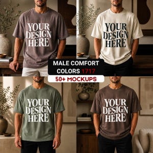 Peut inclure: Quatre t-shirts de couleurs diff&eacute;rentes : marron, cr&egrave;me, vert olive et marron fonc&eacute;. Chaque t-shirt porte l'inscription blanche "YOUR DESIGN HERE". L'image contient &eacute;galement le texte "MALE COMFORT COLORS 1717 50+ MOCKUPS".