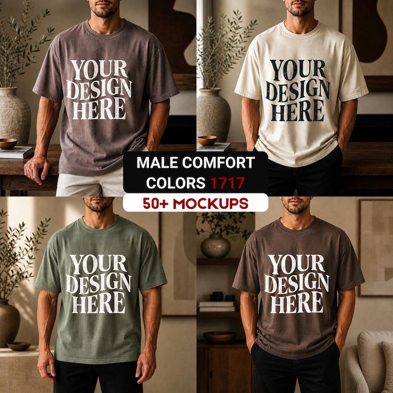 Peut inclure: Quatre t-shirts de couleurs diff&eacute;rentes : marron, cr&egrave;me, vert olive et marron fonc&eacute;. Chaque t-shirt porte l'inscription blanche "YOUR DESIGN HERE". L'image contient &eacute;galement le texte "MALE COMFORT COLORS 1717 50+ MOCKUPS".