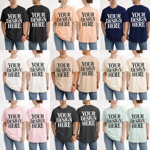Könnte beinhalten: Eine Auswahl an T-Shirts in verschiedenen Farben, darunter Schwarz, Pfirsich, Marineblau, Weiß und Rosa. Jedes Shirt zeigt den Text "YOUR DESIGN HERE" in einer kräftigen, stilisierten Schriftart. Die Shirts werden von Models getragen, die blaue Jeans tragen.