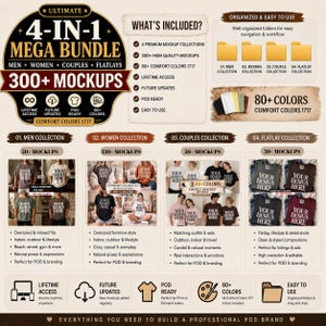 Peut inclure: Graphique promotionnel pour un m&eacute;ga pack 4-en-1 avec plus de 300 maquettes pour hommes, femmes, couples et flatlays. Comprend 4 collections de maquettes premium, 80+ couleurs confort, acc&egrave;s &agrave; vie et mises &agrave; jour futures. Dossiers organis&eacute;s pour une navigation facile.