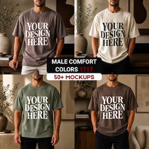 以下が含まれることがあります： 茶色、クリーム色、オリーブグリーン、濃い茶色の4色のTシャツ。各シャツには白い文字で「YOUR DESIGN HERE」と書かれています。画像には「MALE COMFORT COLORS 1717 50+ MOCKUPS」というテキストも含まれています。