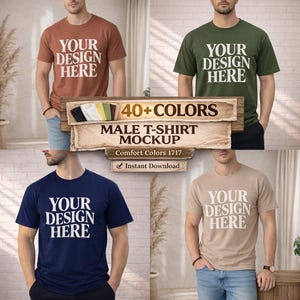 Puede incluir: Una maqueta con cuatro camisetas de diferentes colores: óxido, verde oliva, azul marino y beige. Cada camiseta muestra el texto "YOUR DESIGN HERE" en blanco. La imagen también incluye una pancarta con el texto "40+ COLORS MALE T-SHIRT MOCKUP" y "Instant Download."