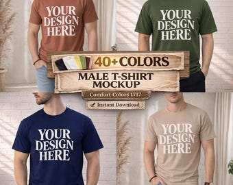 Comfort Colors 1717 Mockup Bundle, 40+ Colors Male T-Shirt Mockup, Real Model Mockup, POD Template, Canva Editable, Instant Download