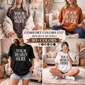 Peut inclure: Quatre t-shirts de couleurs diff&eacute;rentes : marron, orange, noir et blanc. Chaque t-shirt porte l'inscription "YOUR DESIGN HERE". L'image comprend &eacute;galement le texte "COMFORT COLORS 1717 MOCKUP BUNDLE 80+ COLORS".
