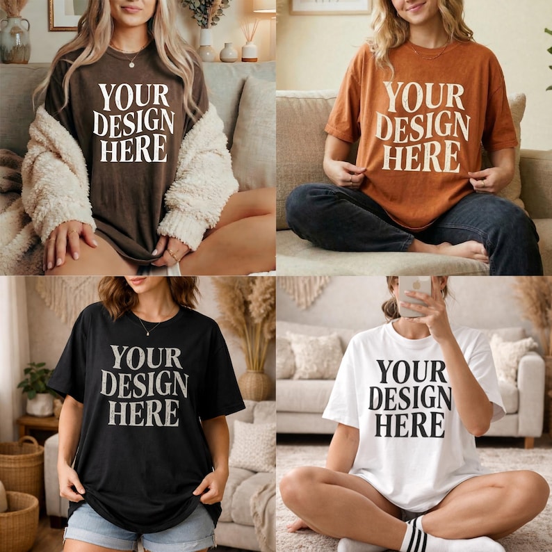 May include: Four t-shirts in different colors: brown, orange, black, and white. Each shirt has the text "YOUR DESIGN HERE" in a bold, white font. The shirts are displayed on people sitting on a couch.