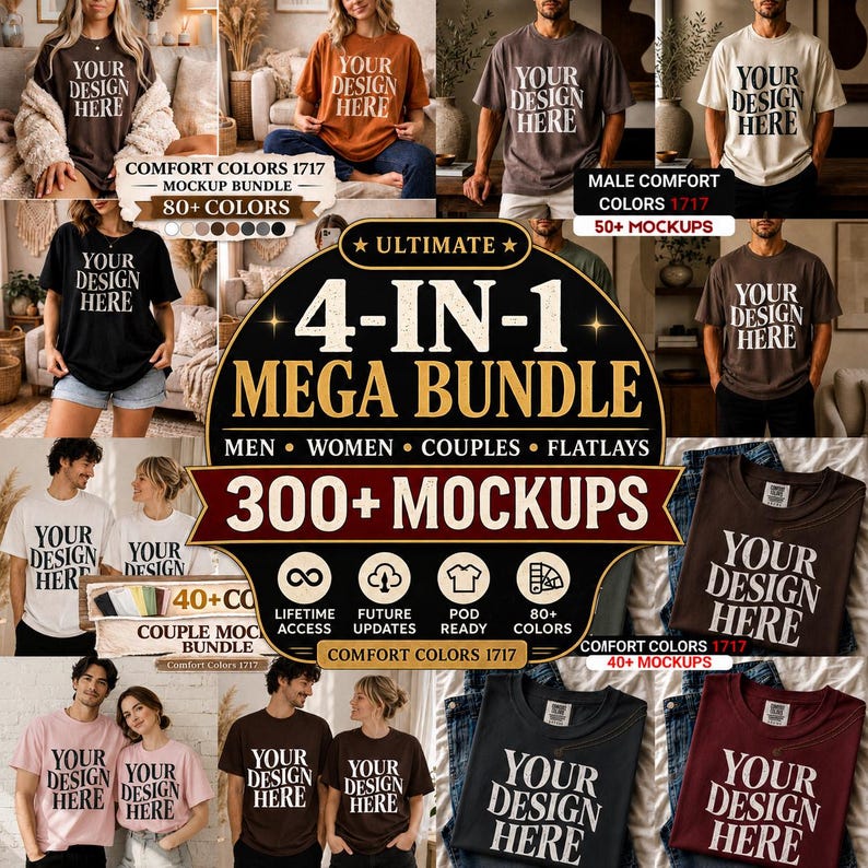 Peut inclure: Image promotionnelle d'un ensemble de maquettes de t-shirts. L'image pr&eacute;sente divers t-shirts de diff&eacute;rentes couleurs, avec le texte "YOUR DESIGN HERE" imprim&eacute; dessus. L'ensemble comprend des maquettes pour hommes, femmes et couples, avec plus de 300 maquettes et 80+ couleurs.