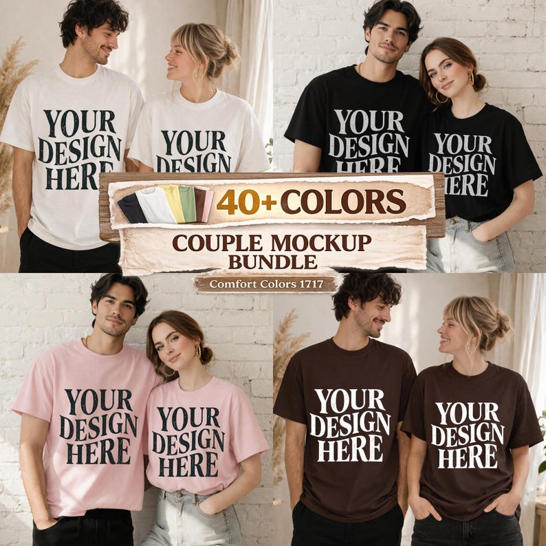 Peut inclure: Plusieurs t-shirts de diff&eacute;rentes couleurs, port&eacute;s par des couples. Chaque t-shirt affiche le texte "YOUR DESIGN HERE" en gras. L'image comprend une banni&egrave;re avec l'inscription "40+ COLORS" et "COUPLE MOCKUP BUNDLE."