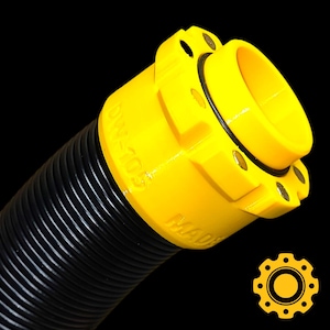 May include: A yellow and black RV sewer hose with a yellow connector. The connector has the text "DW-103" and "MADE". The hose is black and corrugated. The background is black.