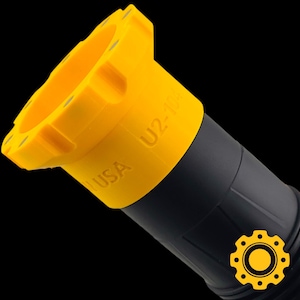 May include: A close-up of a yellow and black industrial part. The yellow section has the text "USA" and "U2-104" printed on it. The part has a gear icon in the bottom right corner.