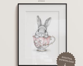 Pink Bunny Teacup Nursery Print: Watercolor Floral Baby Girl Decor (Digital Download)